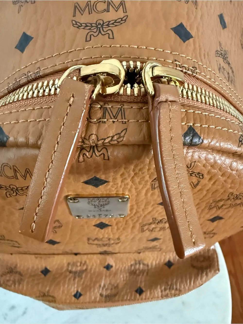 MCM Cognac Viestos Medium-Size Backpack with Monogram Side Studded Stark